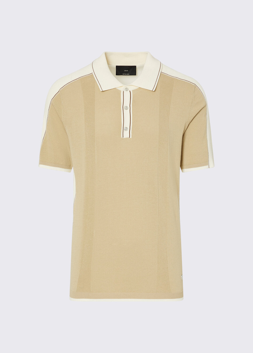 Polo Liu-Jo in filo con collo contrasto, tessuto morbido e dettaglio elegante, vista frontale.