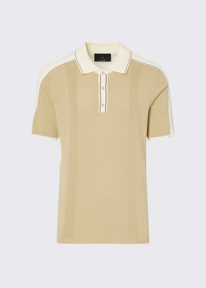 Polo Liu-Jo in filo con collo contrasto, tessuto morbido e dettaglio elegante, vista frontale.