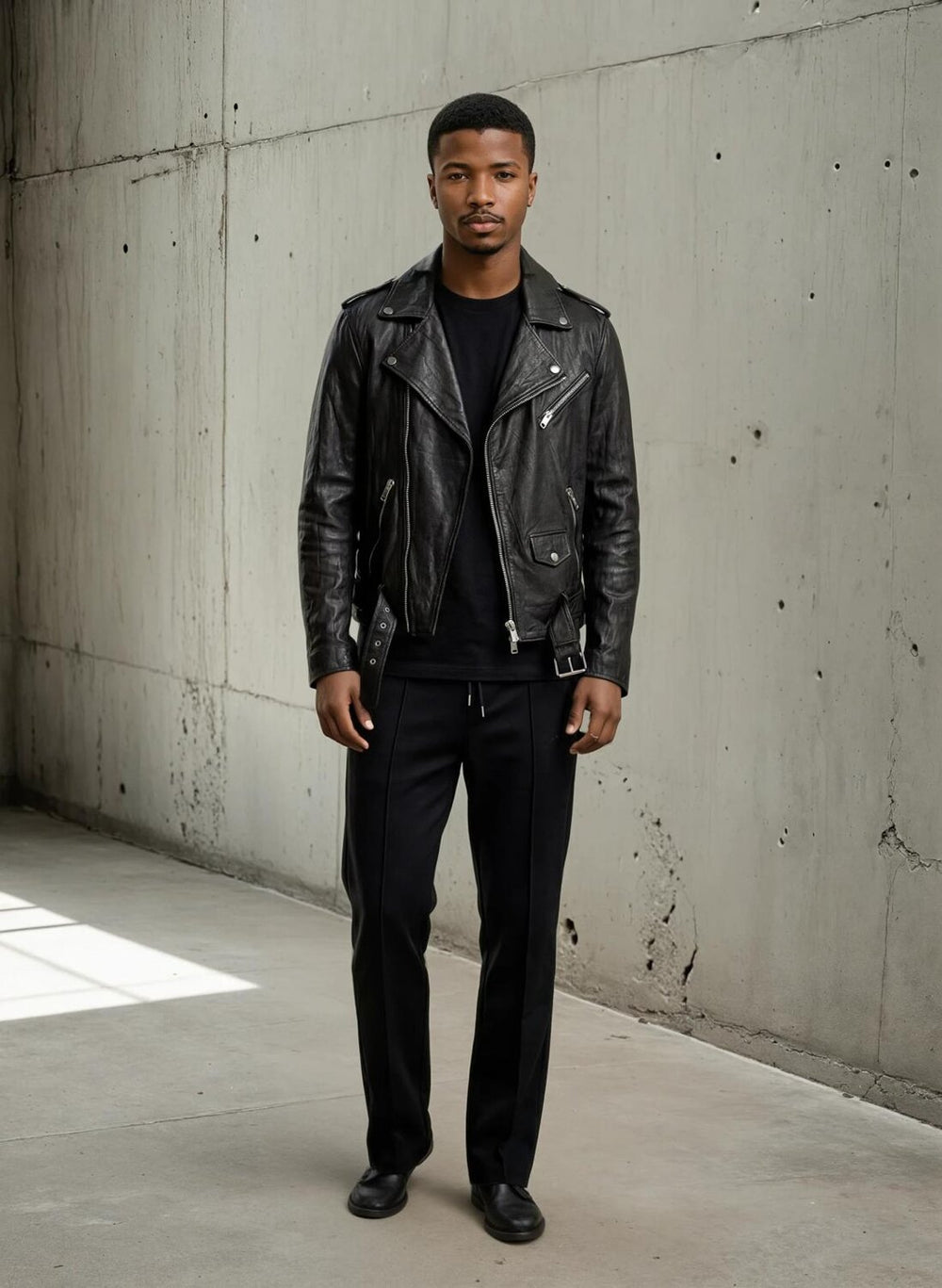 Chiodo in vera pelle Trethed Patt di JALMES, stile robusto e resistente, mostra la texture in pelle naturale e dettaglio dei chiodi.