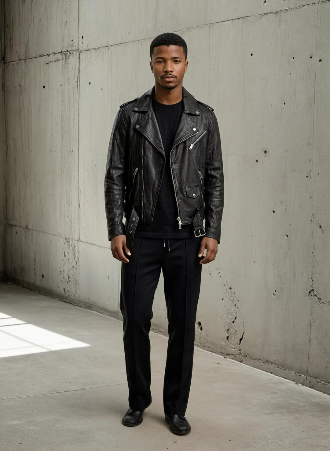 Chiodo in vera pelle Trethed Patt di JALMES, stile robusto e resistente, mostra la texture in pelle naturale e dettaglio dei chiodi.