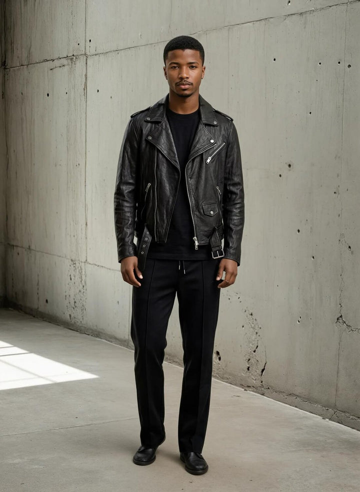 Chiodo in vera pelle Trethed Patt di JALMES, stile robusto e resistente, mostra la texture in pelle naturale e dettaglio dei chiodi.