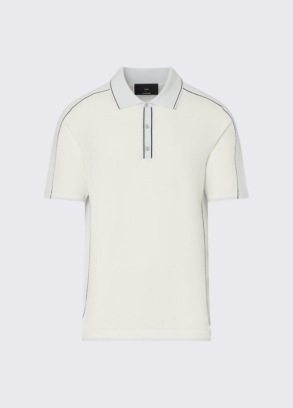 Polo LIU-JO in filo con collo contrasto, tessuto morbido e dettagli eleganti, visibile da davanti in immagine.