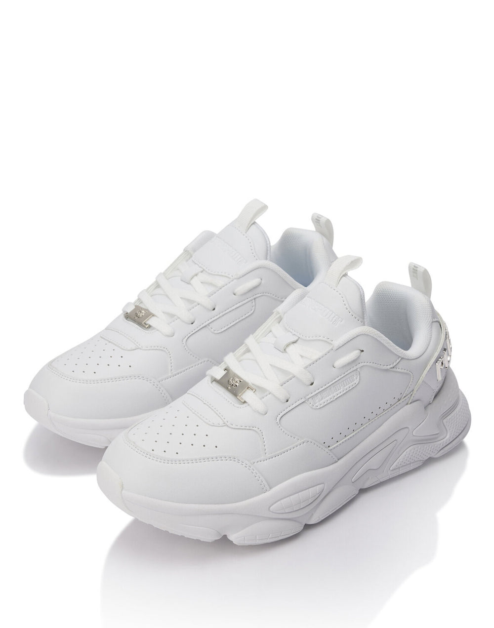 Sneakers PLEIN SPORT Faes Ghost x in bianco con dettagli neri e loghi sul davanti, vista frontale.