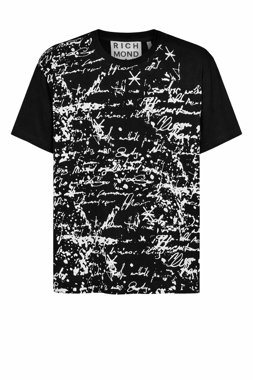 T-shirt con stampa di scritte multiple, marca JOHN RICHMOND X, tessuto morbido e design casual, visibile con dettagli delle scritte sul davanti