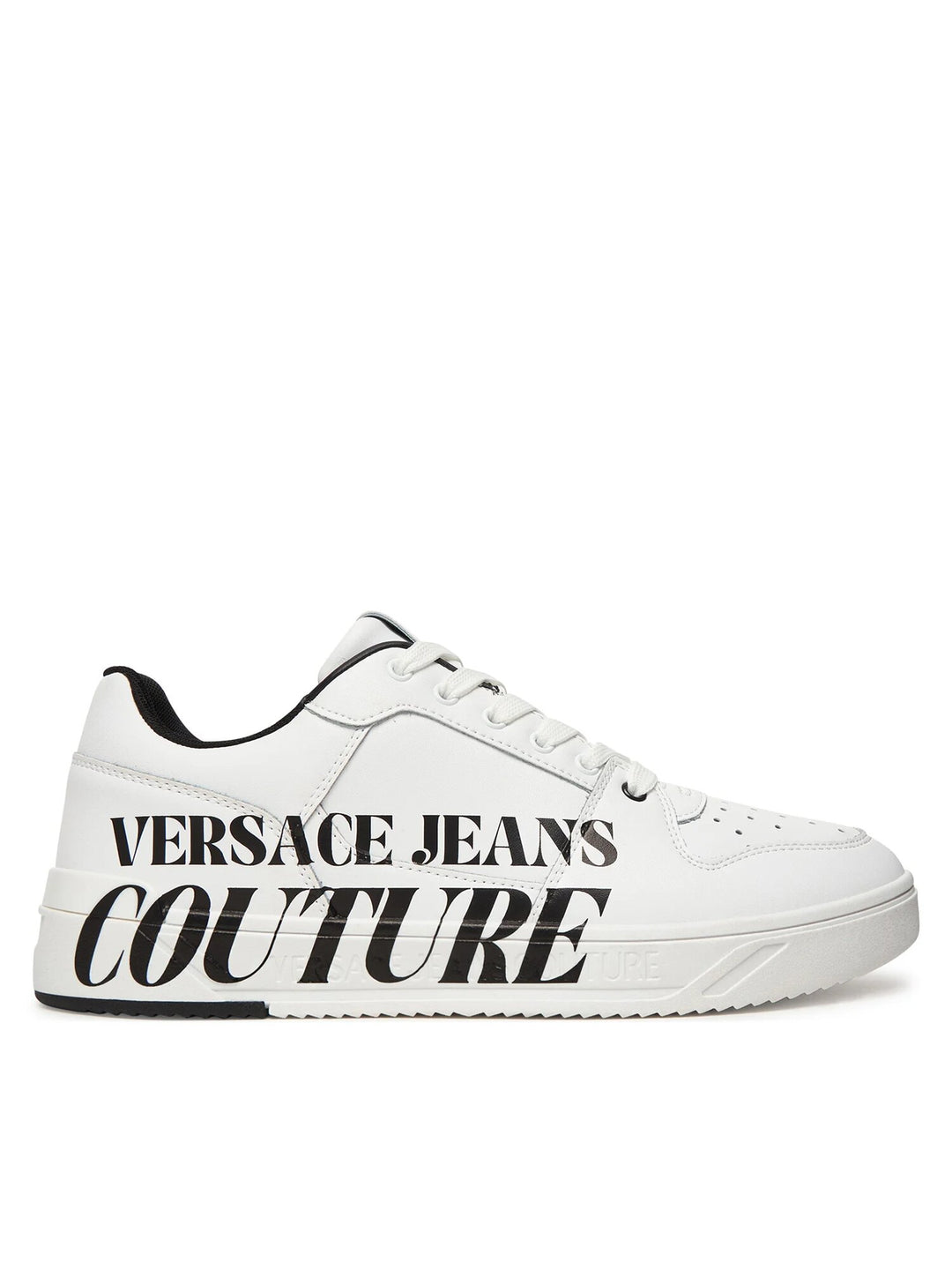 Sneakers in pelle con grande logo rivestito di VERSACE JEANS, stile moderno e di tendenza, visibili su sfondo neutro.