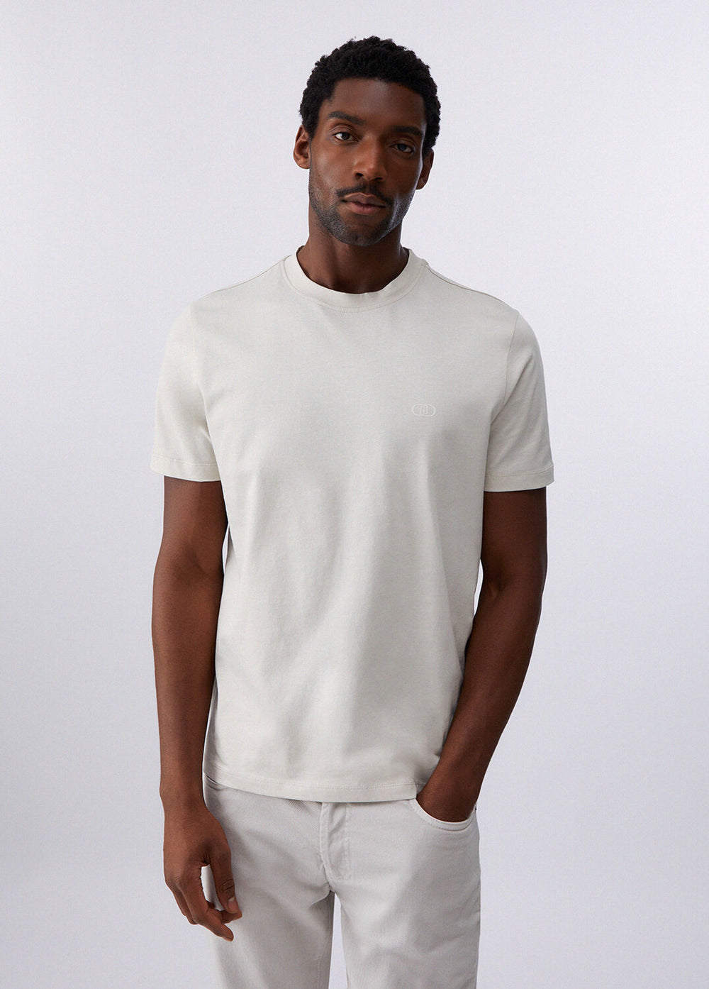 T-shirt basic LIU-JO Mercertee in tessuto morbido, colore neutro, vista frontale con collo rotondo e maniche corte.