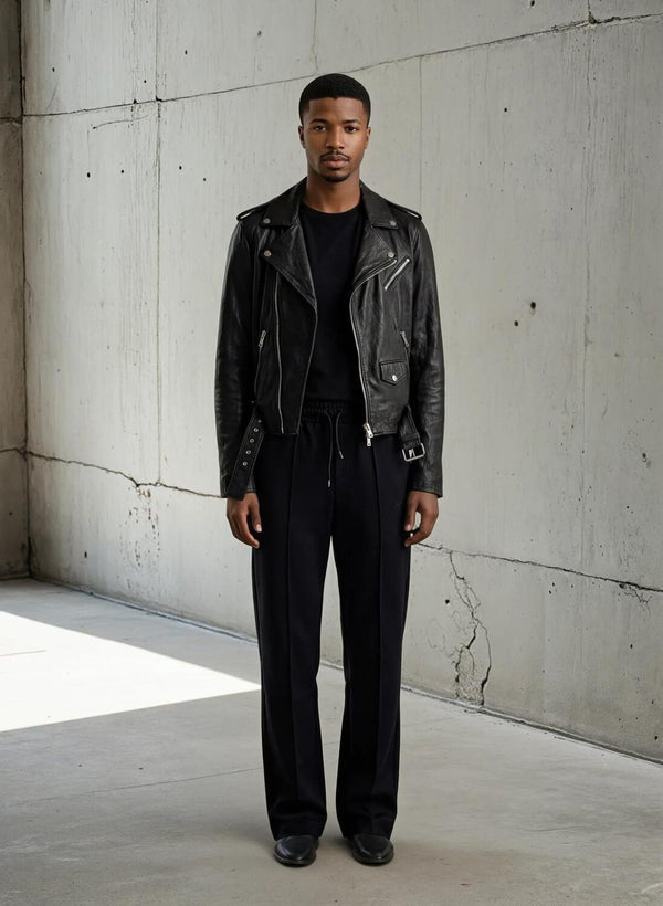 Giacca in vera pelle Trethed di JALMES, mostra dettaglio della texture in pelle marrone e chiusure frontali in metallo.